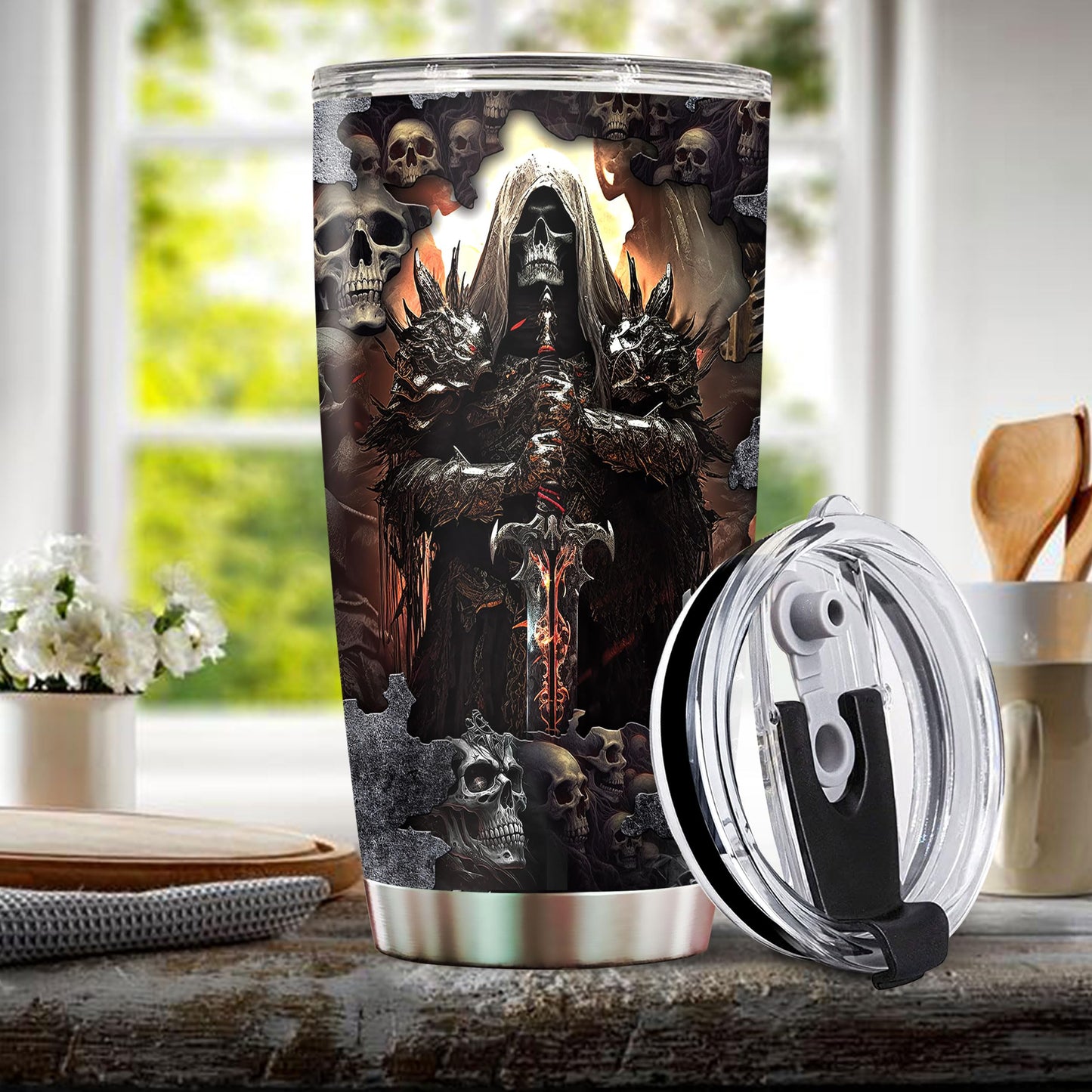 WONWIX Skull Tumbler, Birthday Gifts For Men Who Love Skulls Coffee Mug Cup Christmas Valentine Gift Water Bottle Black Tumblers 20oz Stainless Steel Travel Cups With Lid