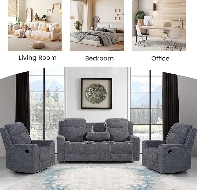 Betsy Furniture Soft Microfiber Manual Reclining Sofa Set, Sofa w/Dropdown Table