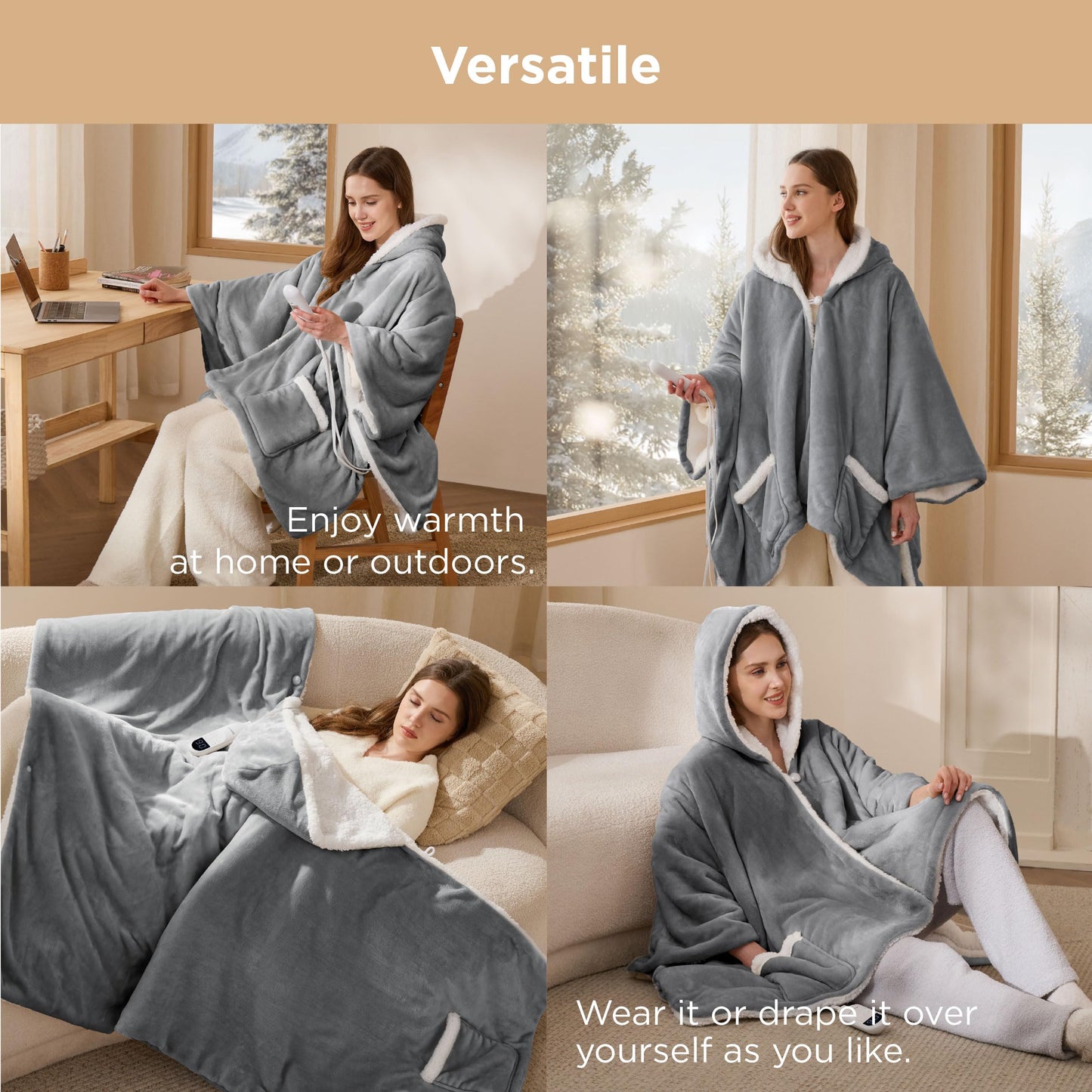 Bedsure Heated Blanket Wearable Shawl - Electric Wrap Poncho Blanket Hoodie for Adult, Birthday Gifts for Mom Women, Sherpa Heating Throw with 4 Time Settings & 6 Heat Settings, 55x64 inches, Grey