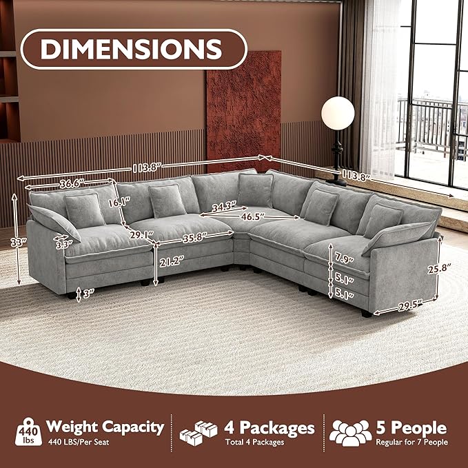 Ihanherry 114" V-Shaped Modern Sofa Modular Sectional Cloud Couch