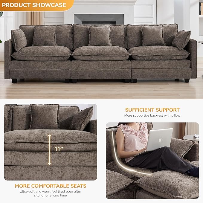111'' Sectional Cloud Deep Seat Couch, Modern Comfy Chenille Modular Sectional
