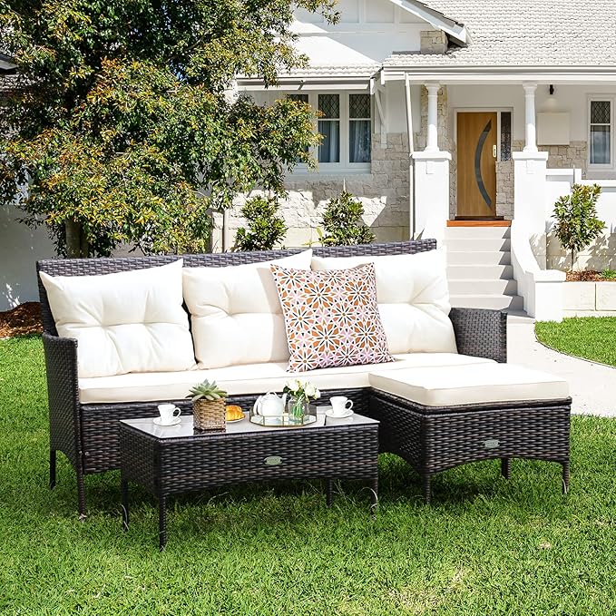 Tangkula 3 Pieces Patio Conversation Set, Outdoor PE Rattan Wicker Furniture