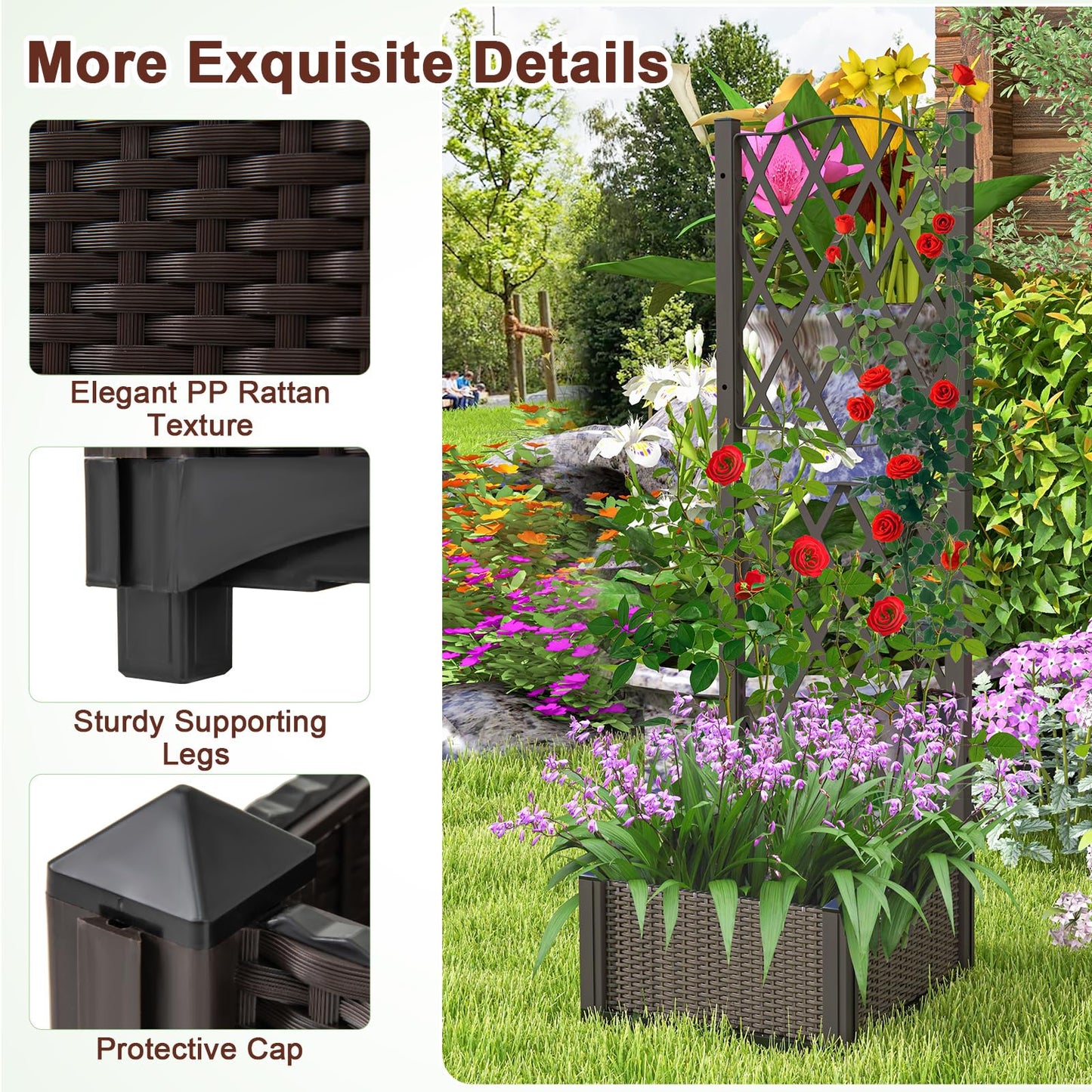Giantex Raised Garden Bed with Trellis, Garden Planter for Vine Climbing Plant Vegetable Herb Flower, Outdoor Standing Garden Bed with Drainage Hole for Yard Balcony Entryway 16"x16"x 48"