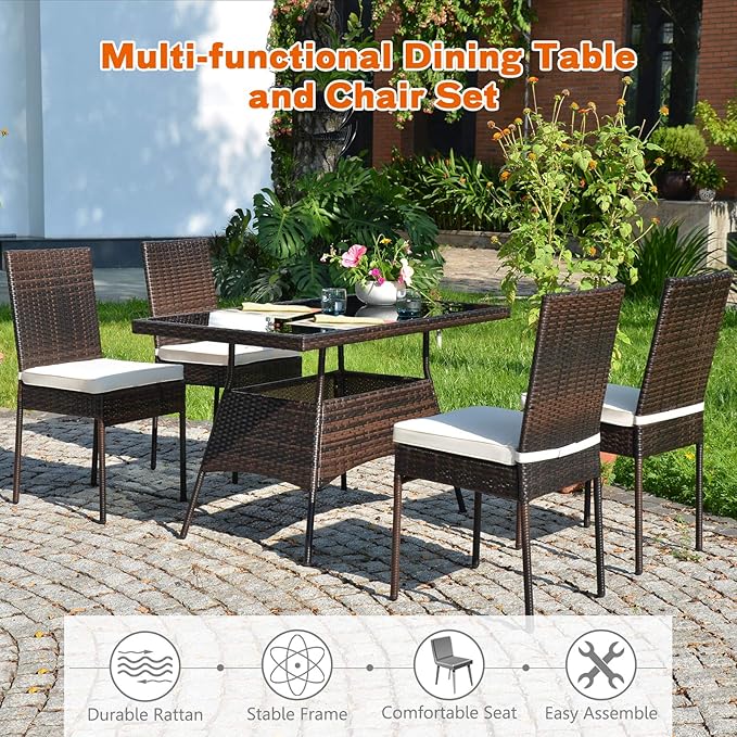 Tangkula 5 Piece Patio Wicker Dining Set, Outdoor Rattan Table and Chairs