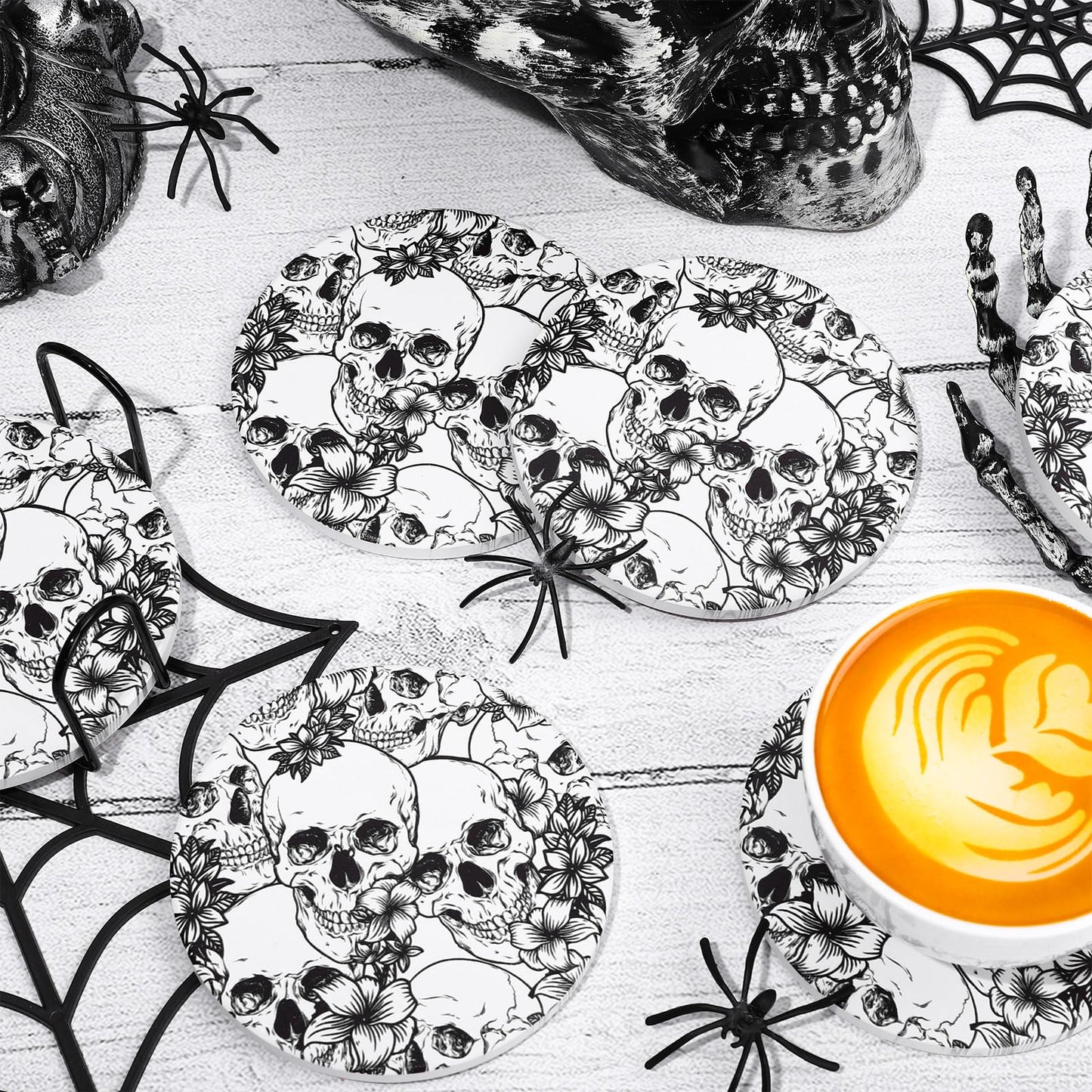 Whaline 6Pcs Halloween Ceramic Coasters with Iron Holder Skull Floral Drink Coasters Absorbent Cup Mat for Mug Cup Home Kitchen Party Table Decor