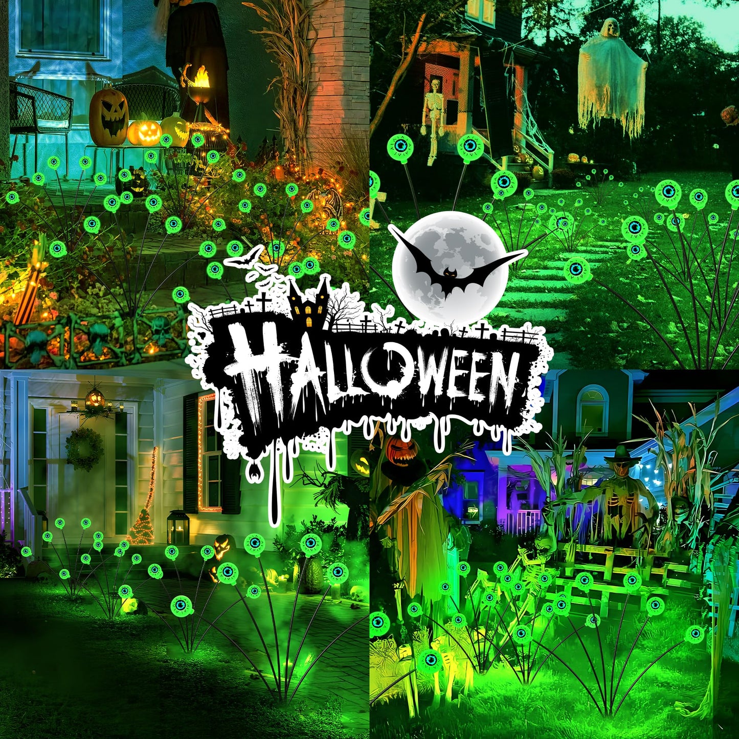 hyrion Halloween Decorations Outdoor Solar Eyeball Lights, 4 Packs 24LED Scary Eyeball Swaying Firefly Lights, 8 Mode Waterproof Green Halloween for Outside Path Yard Garden Lawn