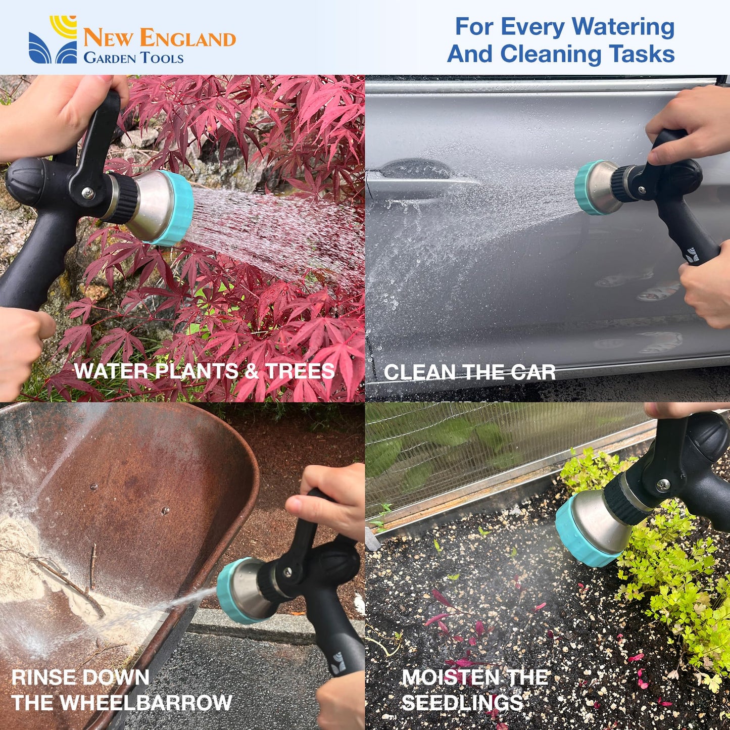 Heavy Duty Metal 10-Pattern Fireman’s Hose Nozzle 500003 with Lever Control and Comfort Grip, High Pressure Hose Sprayer, by New England Garden Tools for Watering Plants & Yards, Washing Pets & Cars