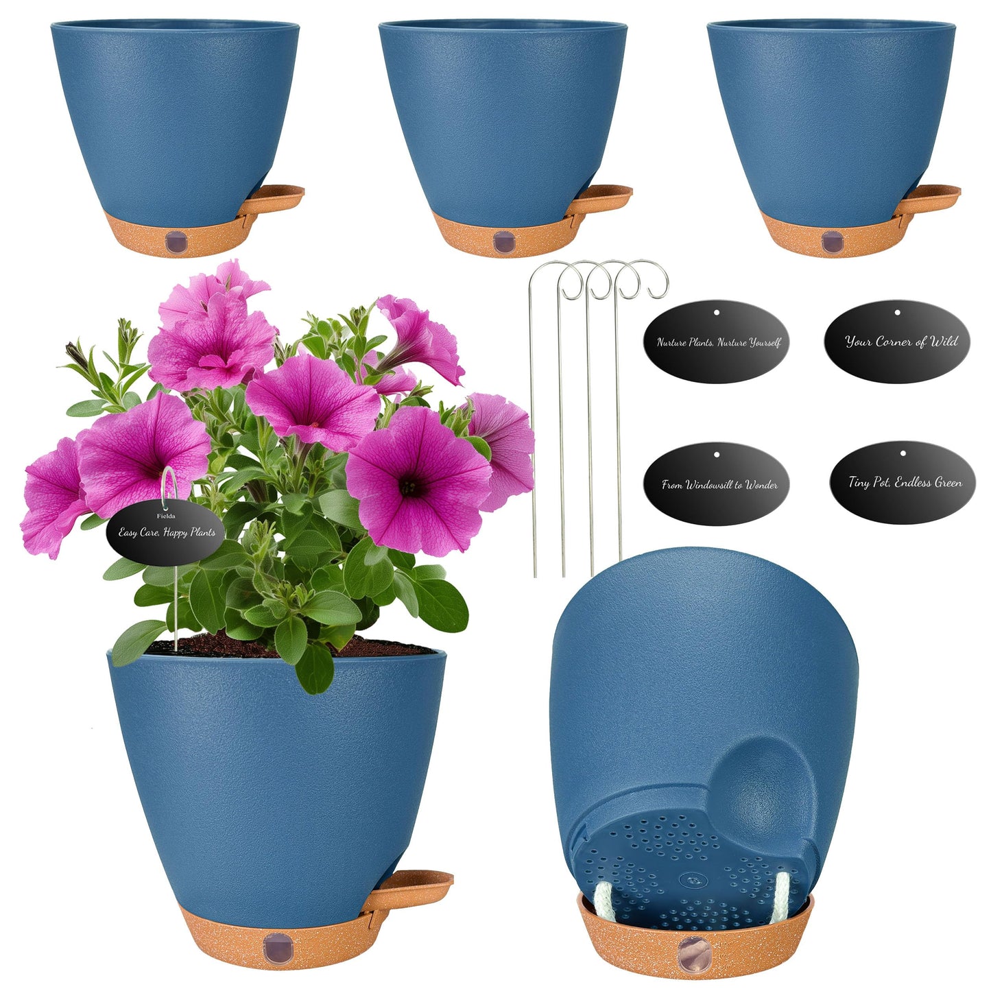 6 Inch Self Watering Pots for Indoor Plants(5-Pack) – Small Plastic Planters with Water Level Window, Drainage Holes & Detachable Trays, Indoor Outdoor Flower Pots for Herbs, Snake,Pothos(Navy Blue)