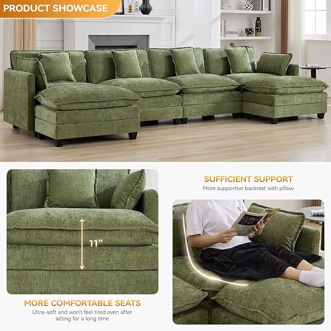 147'' Sectional Cloud Deep Seat Couch, Oversized Chenille U Shaped Sectional
