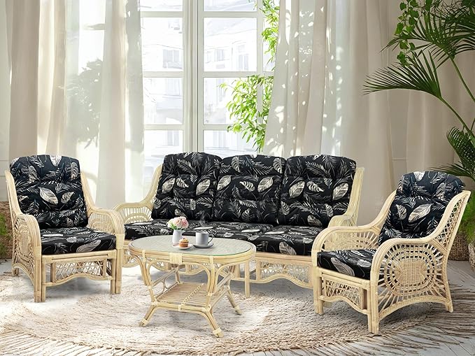 Malibu Lounge Set of 4: 2 Natural Rattan Wicker Chairs, Three-Seater Sofa and