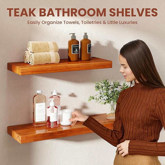 24 Inch Teak Floating Shelves Set of 2
