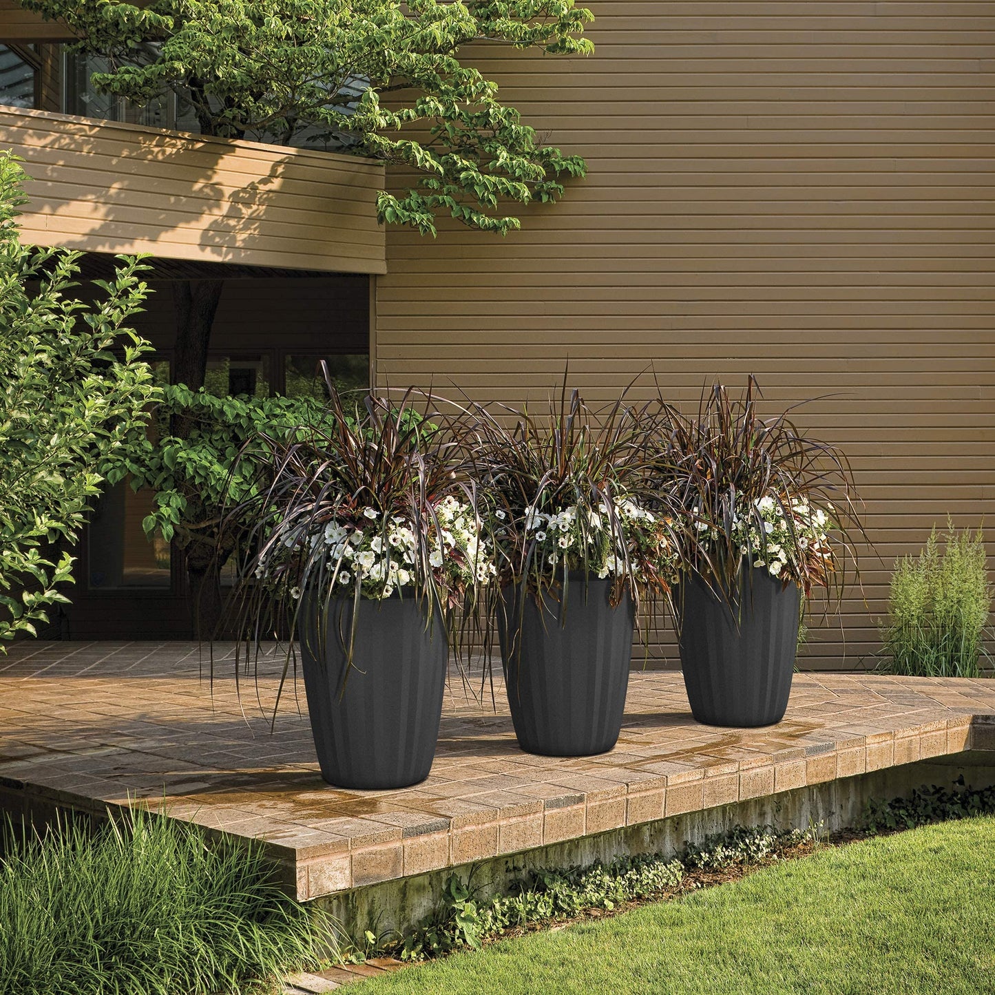 Crescent Garden Pleat Modern Decorative Planter, Indoor/Outdoor Pot, Resin Planter with Drain Hole - 15" W x 15" H (Ash)