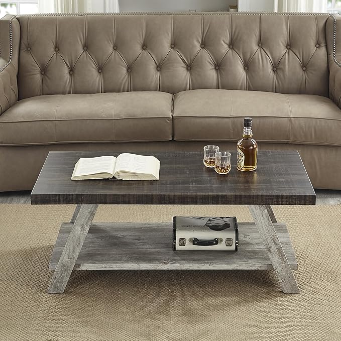 Contemporary Two-Tone Wood Shelf Coffee Table, 48 in Weathered Walnut and Gray