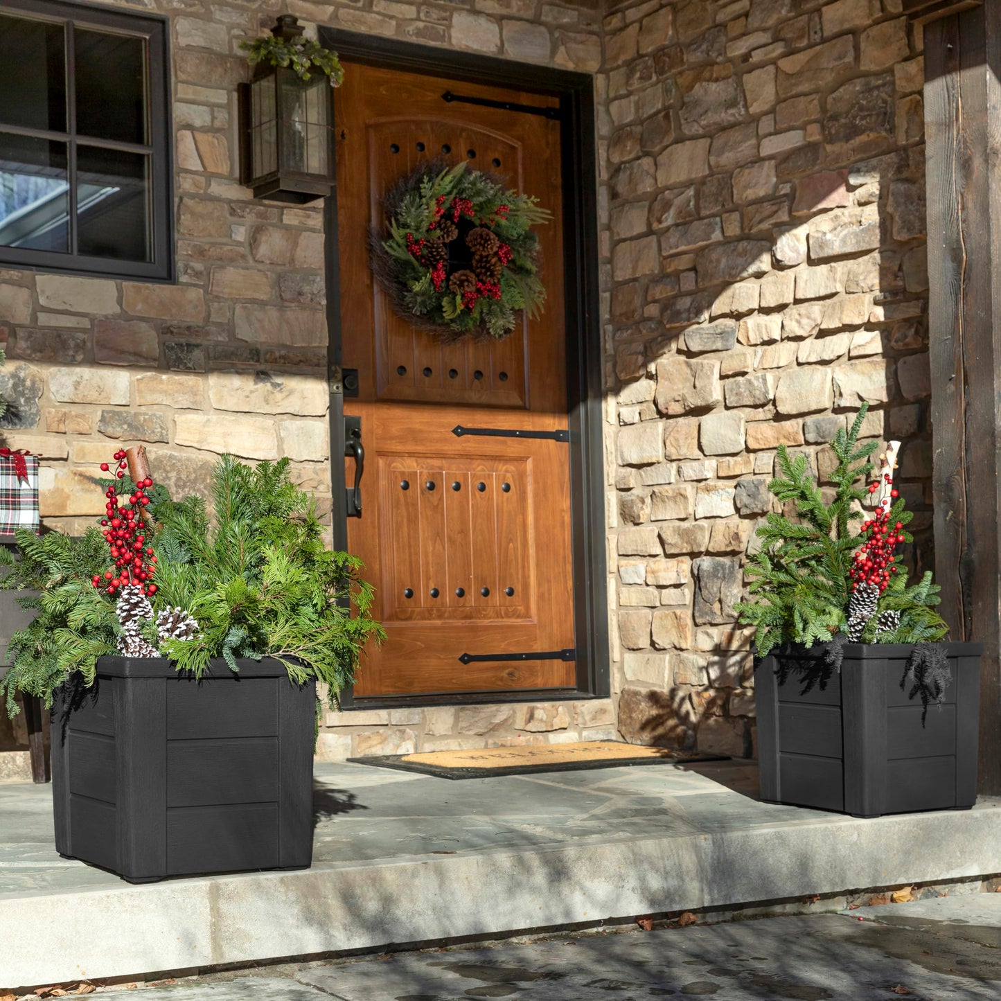 Step2 Lakewood Planter Box™ 2-Pack, Planters for Indoor or Outdoor Plants, Gardening and Flower Pot for Patio or Porch, Durable Plastic, Black