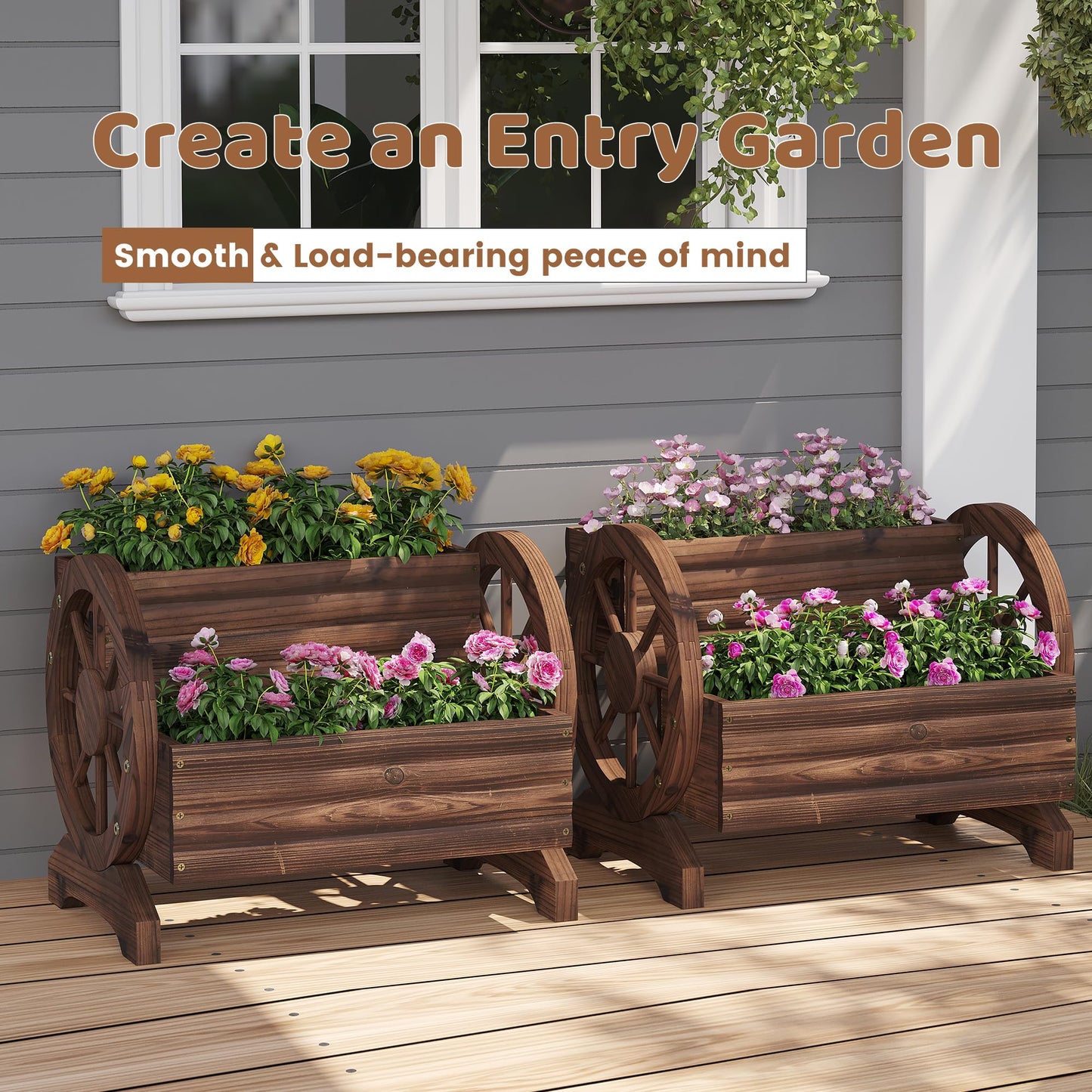 FILWH Wooden Wagon Planters for Outdoor Plants, Flower Cart, Wood Planter Boxes Outdoor, Backyard Decor, Flower Planters Outdoor with Wheels Planter for Flowers Vegetables (Carbonized)