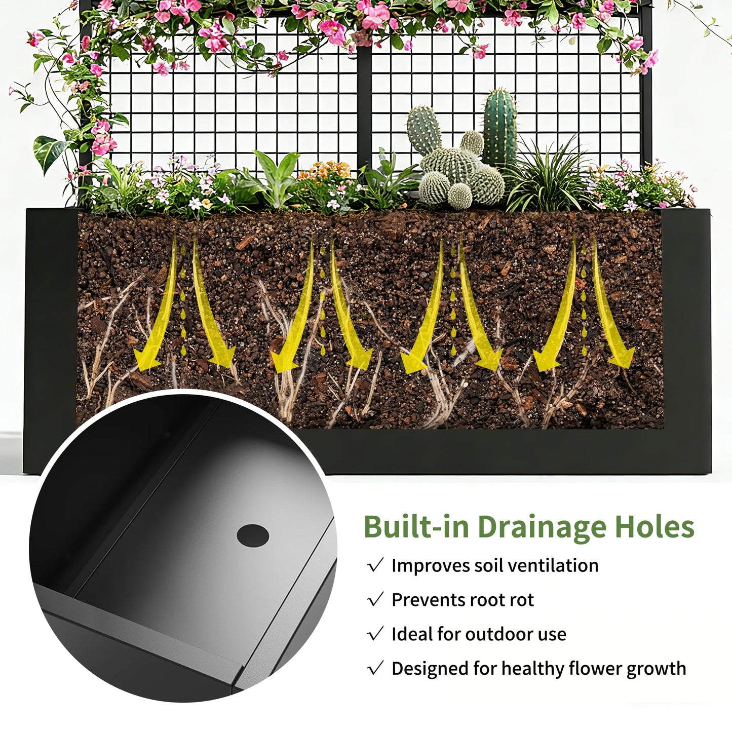 Privacy Planters for Patio – Metal Raised Garden Bed with Trellis and Privacy Screen, 71" x 35" x 16" Planter Box with Drainage Holes for Climbing Plants, Vegetables, and Vines, Outdoor Backyard Black