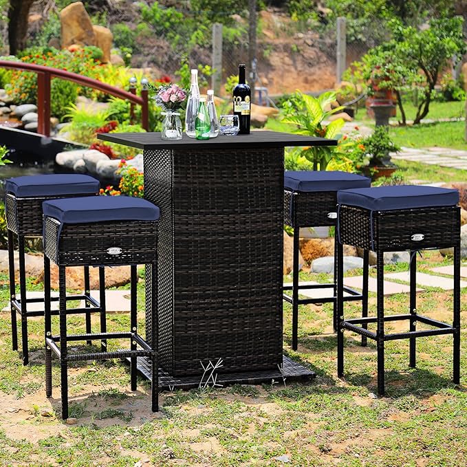 Tangkula 5 Piece Outdoor Rattan Bar Set, Patio Bar Furniture