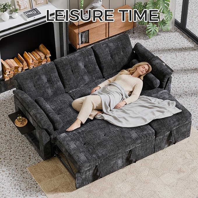 Convertible Sleeper Sofa Bed, 63 Inch Chenille Pull Out Couch