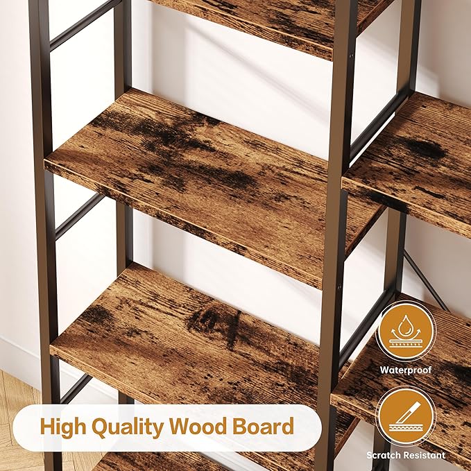 Shintenchi Triple Column 5 Tier Bookshelf, Industrial Large Bookcase Display