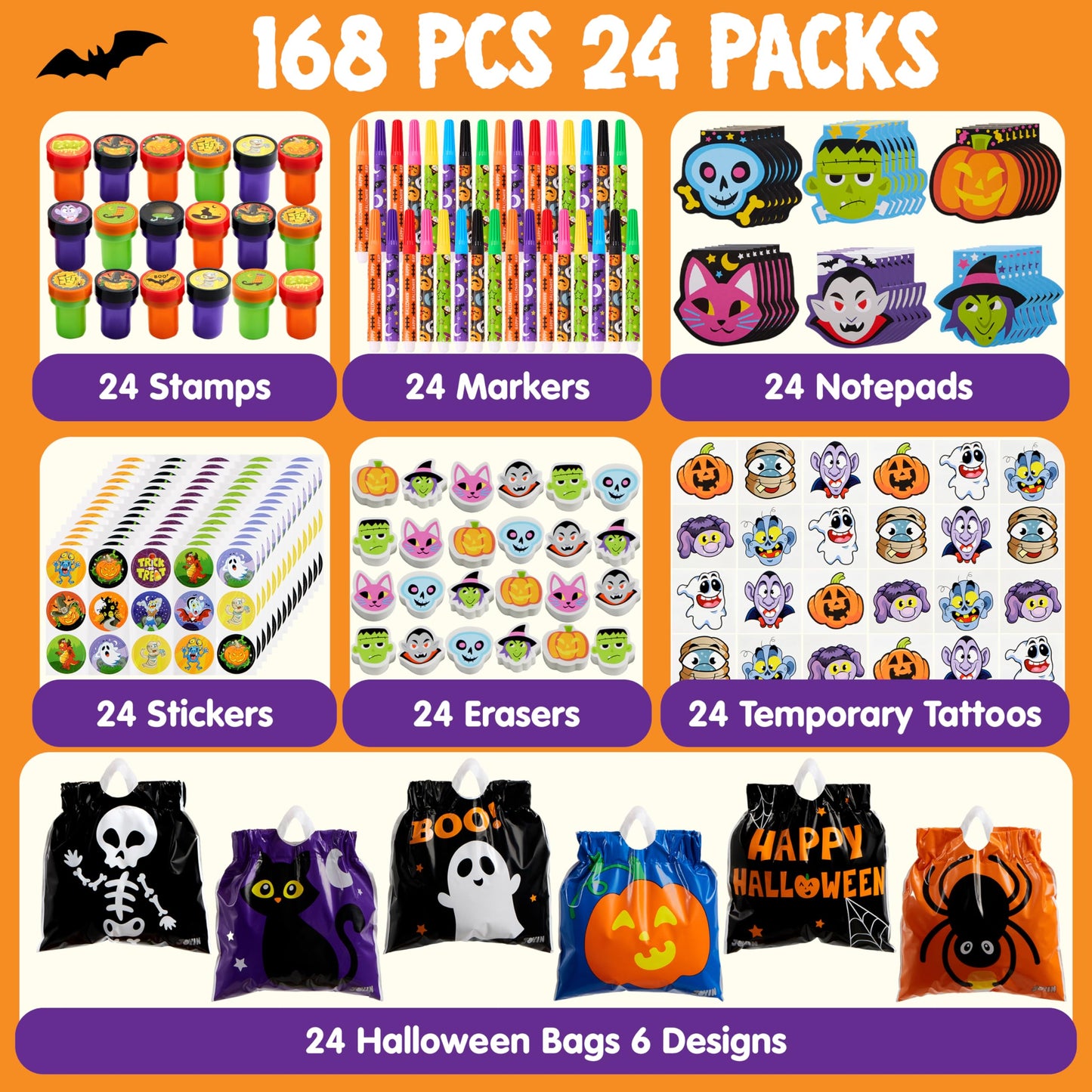 JOYIN 168 Pcs 24 Pack Assorted Halloween Art and Craft Stationery Kids Gift Set Trick or Treat Party Favor Toy Including Halloween Bag, Notepads, Stamps, Pencils, Stickers and Temporary Tattoos