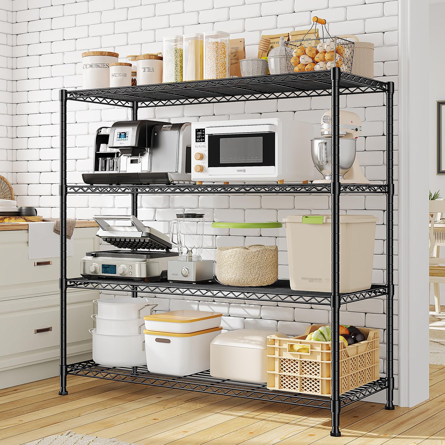 45 "W Metal Shelving Unit 4 Tier Storage Shelves Adjustable Wire Shelving Metal Shelf Pantry Shelves Wire Rack Commercial Shelving for Kitchen Pantry Utility Room Garage 45 "W x 59.4 "Hx 13.5" D Black