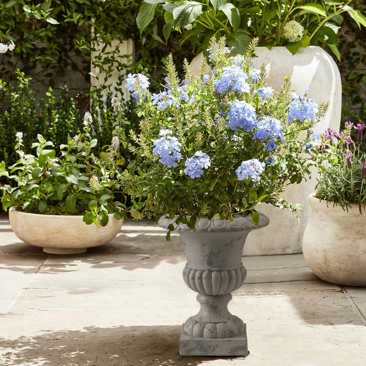 SOFE Rustic Grey Outdoor Urn Planter 16 Inches Tall, Resin Planter Pot Retro Pedestal Planters for Outdoor Plants, Farmhouse Front Porch Planters, Flower Pots for Patios