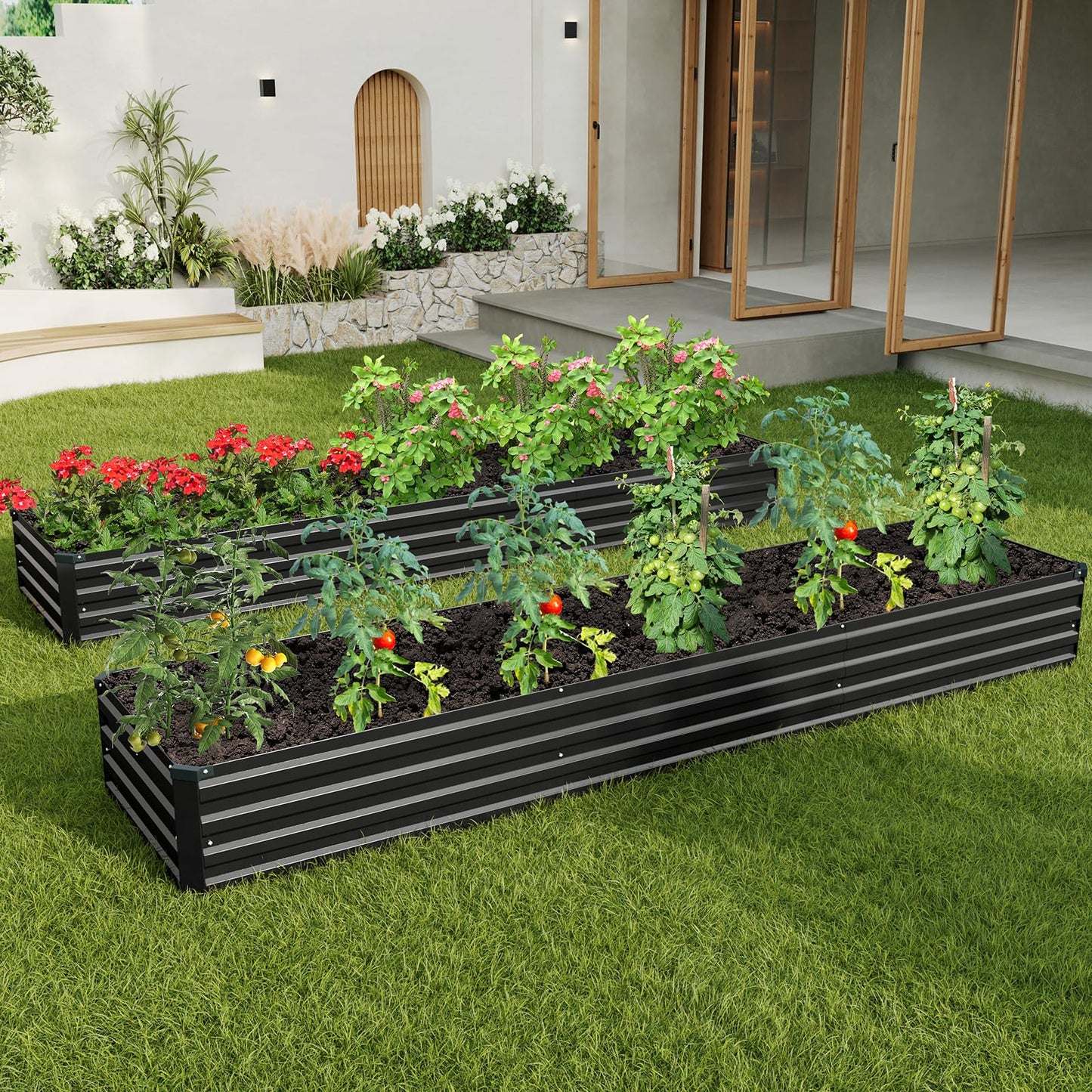 ZUNUDA 12×2×1FT(2PCS) Galvanized Raised Garden Bed Kit Metal Planter Boxes,Large Outdoor Planters Garden for Planting Vegetables,Flowers,Herbs -Black