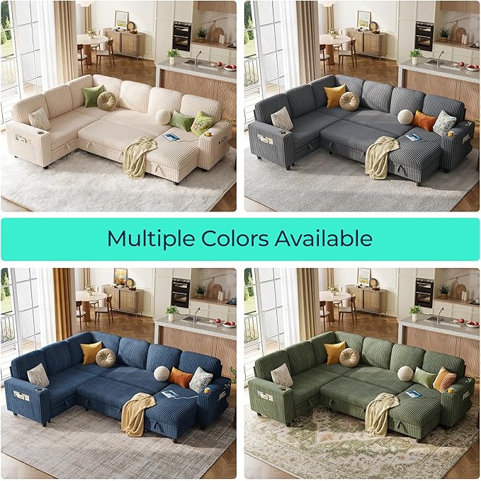 LINSY HOME Sectional Sofa with Pull Out Bed, 6 Seats Corduroy Reversible