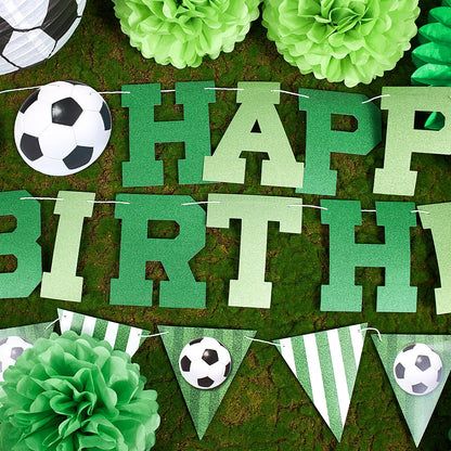 OBBOLO Soccer Birthday Party Decorations, Pre-Strung Soccer Birthday Banners, Including 2 Soccer Ball Paper Lanterns, Green Paper Fans and Pompoms for Boys Birthdays, Sports Party Decorations