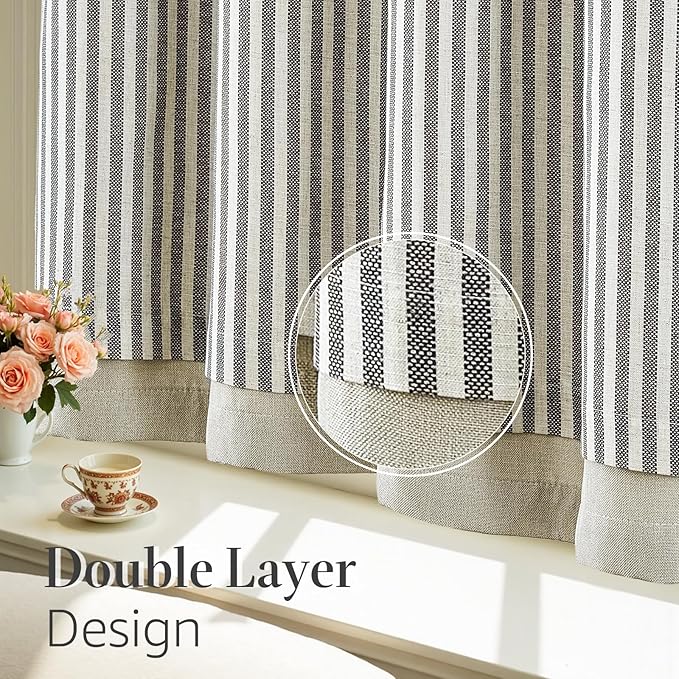 jinchan Double Layer Striped Linen Kitchen Tier Curtain Rustic Cafe for Living Room Bathroom Half Window Curtain Light Filtering Rod Pocket 1 Panel 36 Inch Charcoal Grey