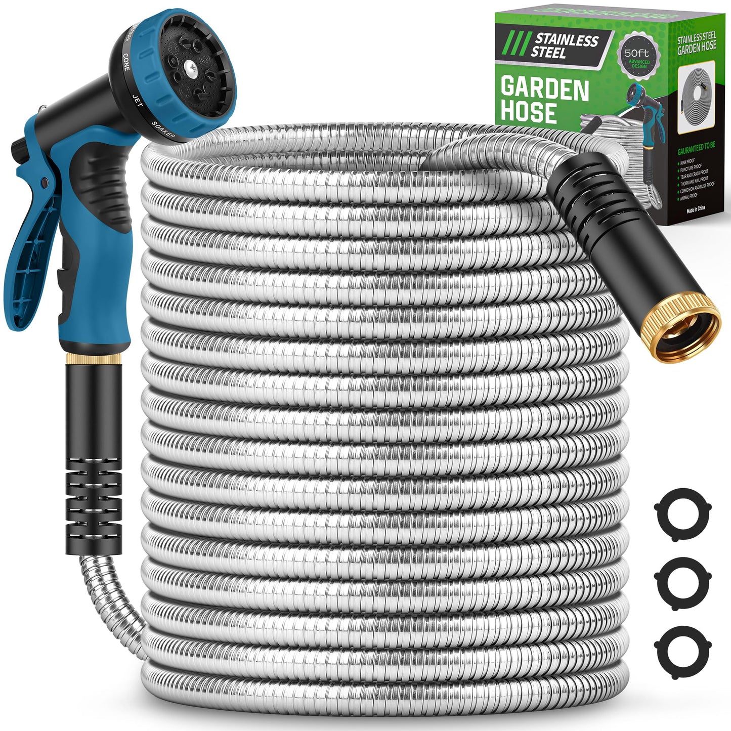 Advinski Garden Hose 50FT, Water Hose with 10 Function Nozzle, Garden Hose with Leak-proof Connectors, No-Kink, Lightweight, Puncture-proof,550PSI, Hose for Outdoor, Yard