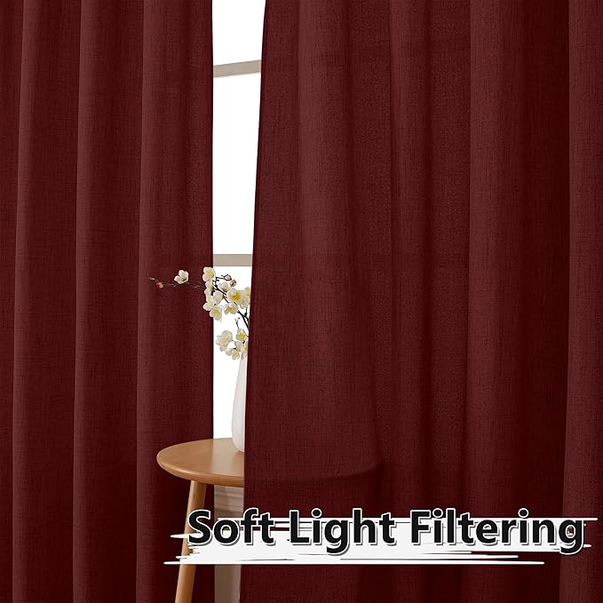 Tollpiz Linen Curtains Living Room Rod Pocket Semi Sheer Curtain Burlap Light Filtering Thick Linen Drapes for Bedroom, 38 x 63 inches Long, Burgundy Red, Set of 2 Panels