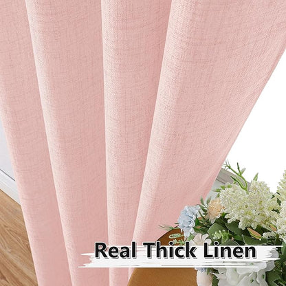 Tollpiz Short Linen Curtain Living Room Rod Pocket Semi Sheer Curtains Burlap Light Filtering Thick Linen Drape for Bedroom, 54 x 45 inches Long, Pink, Set of 2 Panels