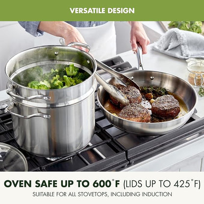 GreenPan Stainless Steel Cookware Set, 11 Piece, Induction Cookware, Dishwasher Safe, Oven Safe to 600F, Large 8QT Stock Pot, Sauce, Saute, Frying Pans, Pots & Pans Kitchen Essentials, Silver