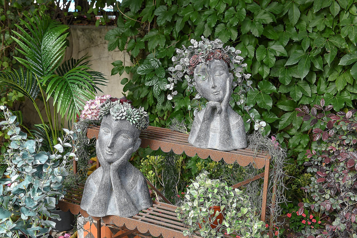 Newman House Studio Head Planter Girl Sculpture Large Face Flower Pot Succulents Cactus Pot for Home Garden Decor, Set of 2