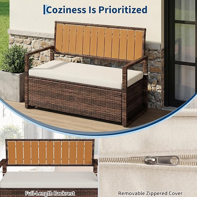 GarveeLife Wicker Storage Bench, Outdoor Rattan Stool