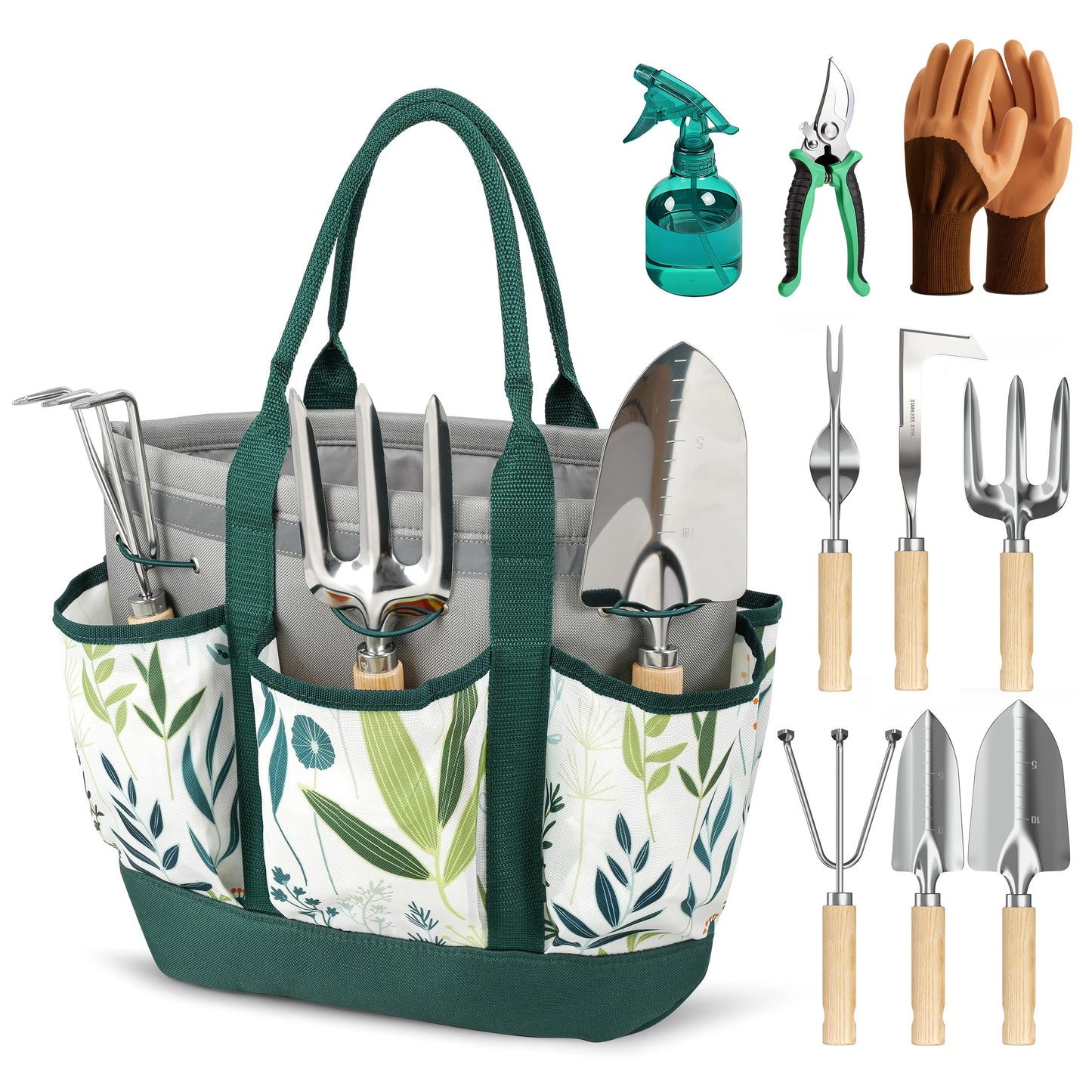 Floraxa 10 Pcs Garden Tool Set, Heavy Duty Stainless Steel Garden Tool with Ash Wood Handle, Rust-Proof Gardening Gifts for Women & Men, Includes Pruner, Weeder & Multi-Pocket Storage Tote Bag (Green)