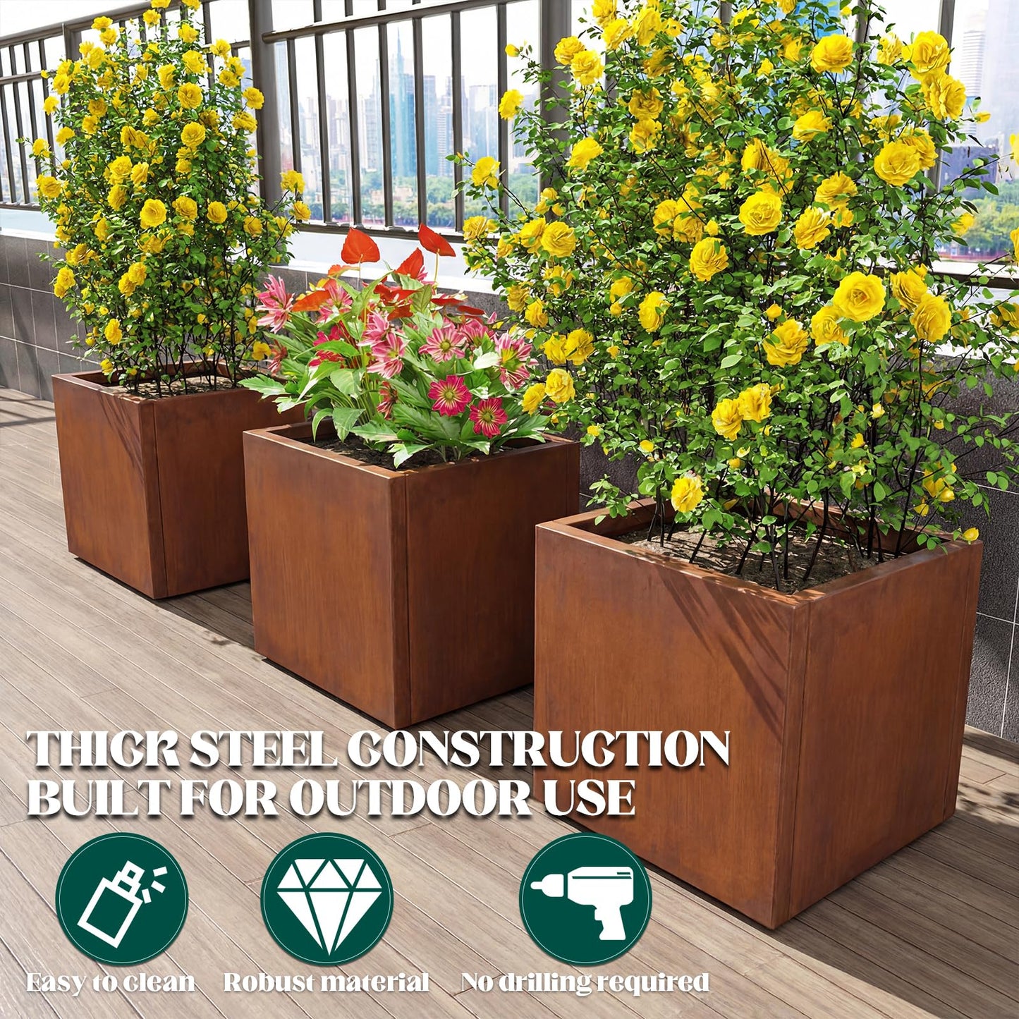 Cycayit Modern Corten Steel Planter 16” Cube, 1.5mm Heavy Duty Rust Finish Square Planter Box with Drainage Hole, Decorative Outdoor Metal Planter for Patio, Balcony, Entryway, Garden Decor
