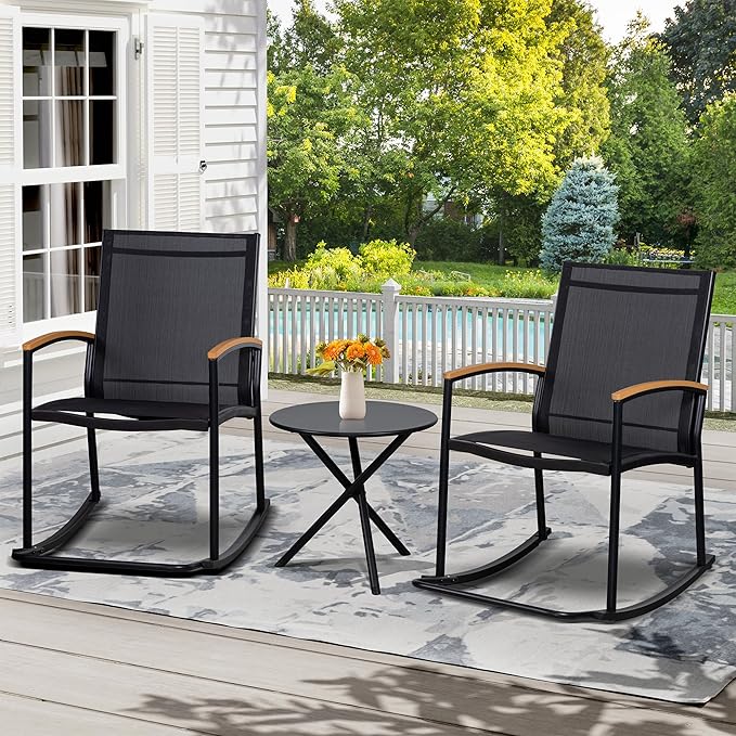 Shintenchi 3 Piece Outdoor Rocking Bistro Set, Textilene Fabric Small Patio