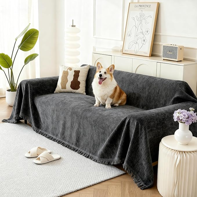 Couch Cover for Dogs, Boho Sofa Covers for 3 Cushion Couch, Chenille Sofa