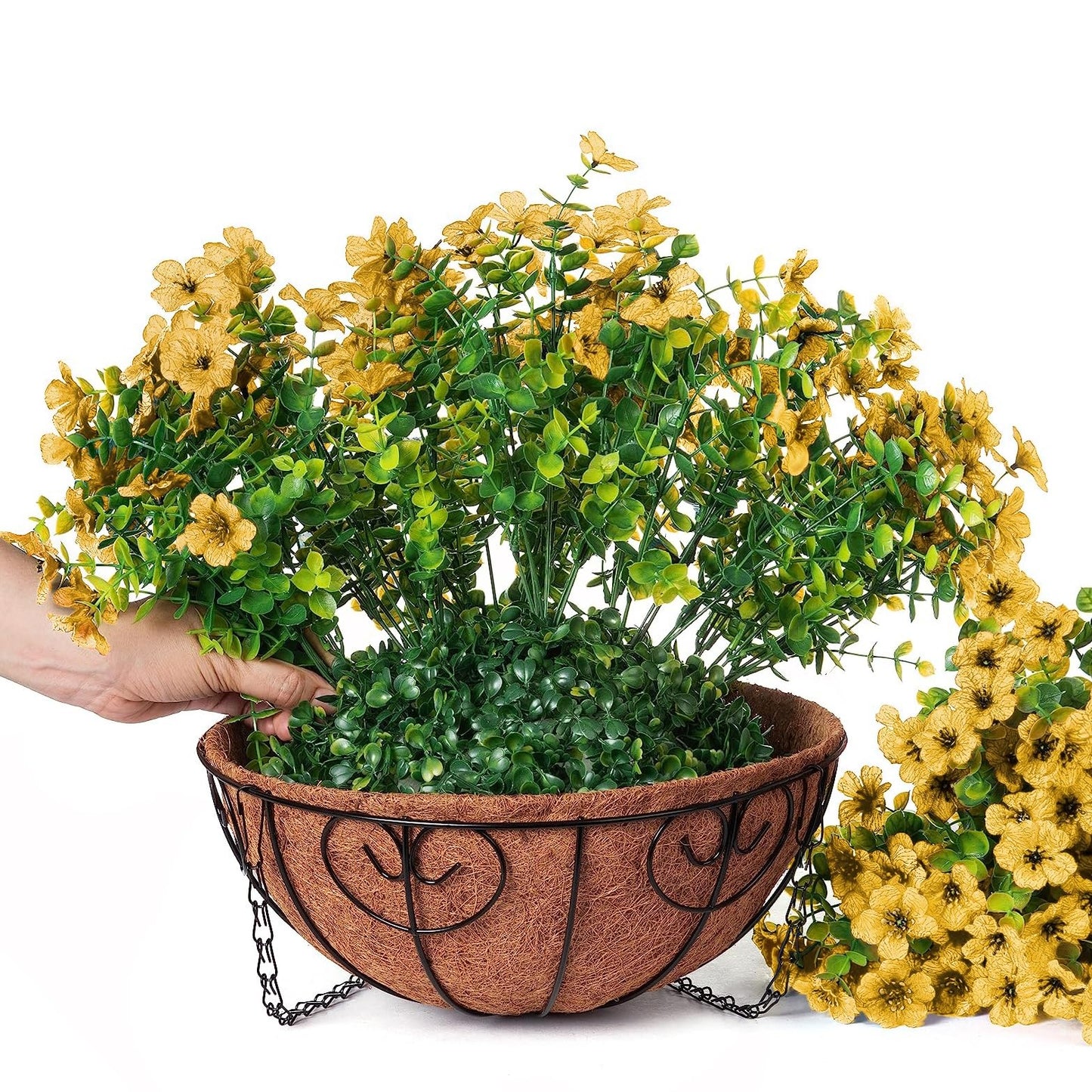HyeFlora Artificial Fake Fall Hanging Mums Plants Flowers Basket for Outdoor, Autumn Faux Silk Yellow Daisy in Hang Planter Look Real UV Resistant for Porch Home Patio Balcony Yard Decor