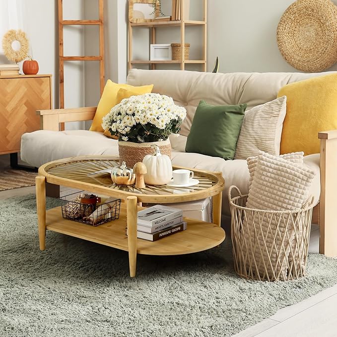 RUSTOWN Rattan Coffee Tables, 2-Tier Oval Boho Cocktail Tables, Mid Century