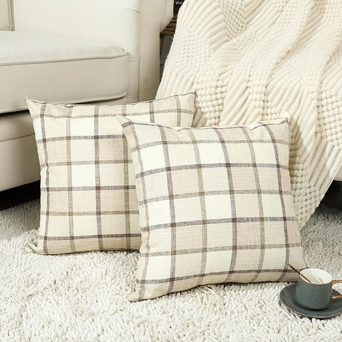 Stellhome Pack of 2 Fall Linen Buffalo Check Decorative Throw Pillow Covers