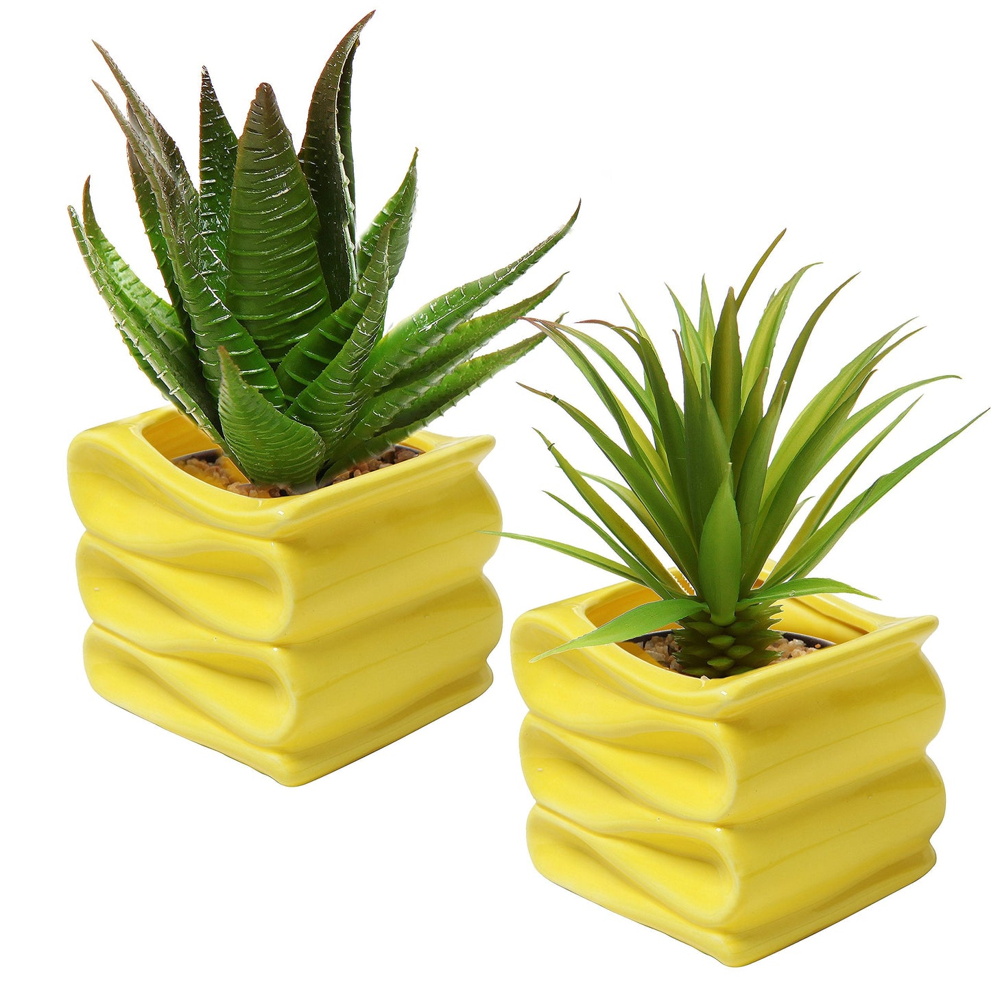MyGift 4-Inch Yellow Ceramic Mini Succulent Plant Pot, Modern Decorative Planters with Candy Ribbon Design, Set of 2