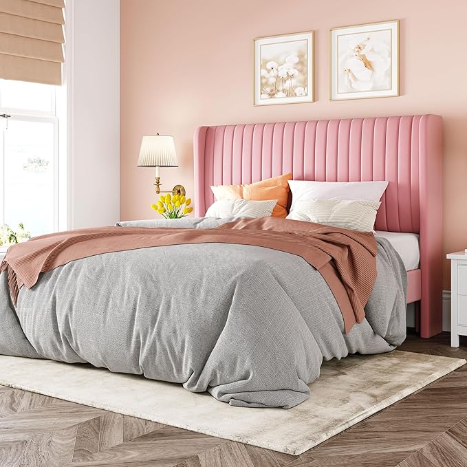 Allewie Full Size Velvet Bed Frame/Vertical Channel Tufted Wingback