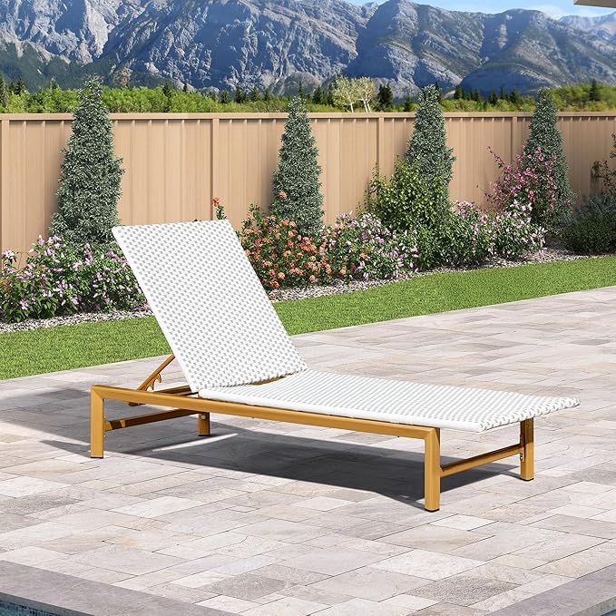 PURPLE LEAF Patio Chaise Lounge French Outdoor Lounger 1 Piece Wood-Grain