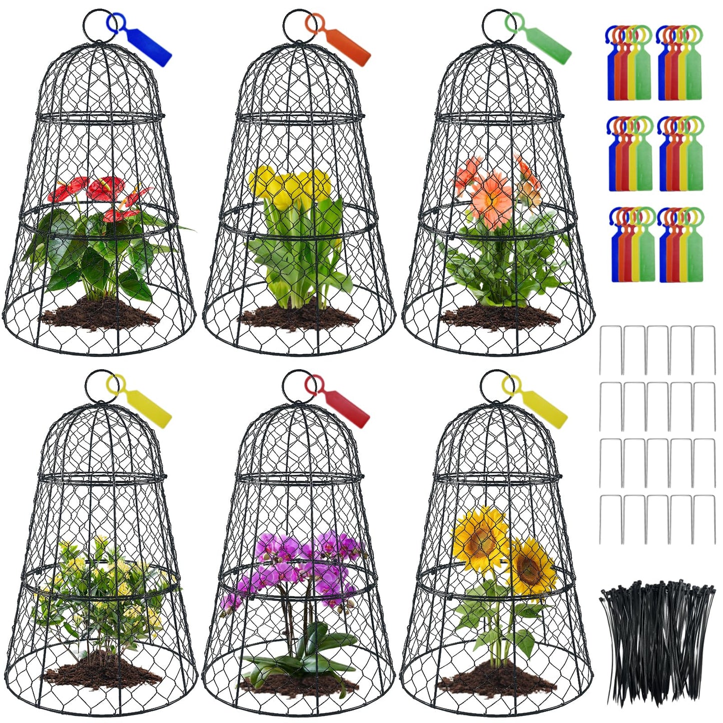 6 PCS 17.7"H X11.42"D Chicken Wire Plant Covers Protectors, Rustproof Heavy Duty Metal Plant Cage with Stakes & Labels, Modular Garden Cloches Design for Seedling Flower Vegetable Protect from Animals