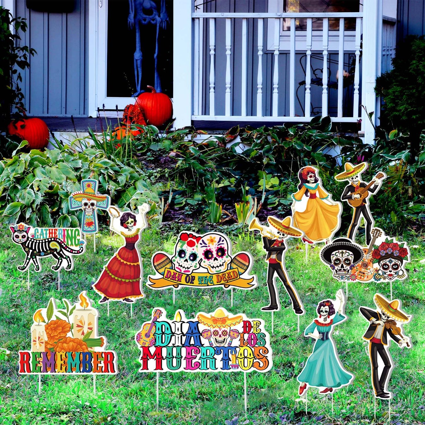 Amyhill 12 Pcs Day of the Dead Yard Decorations Halloween Outdoor Signs Decorations Dia De Los Muertos Decor Sugar Skull Sign Waterproof Mexican Fiesta Festival Party Supplies for Garden Lawn Patio