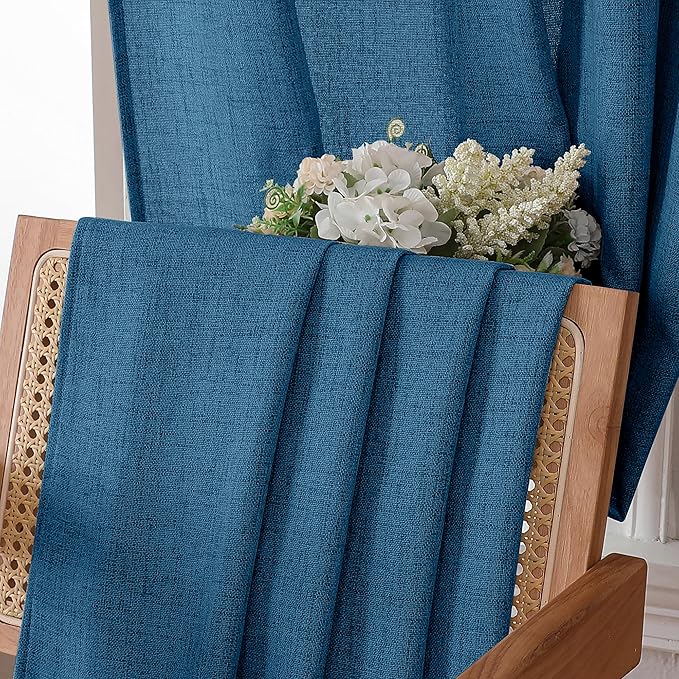 Tollpiz Short Linen Curtains Living Room Rod Pocket Semi Sheer Curtain Burlap Light Filtering Thick Linen Drapes for Bedroom, 54 x 54 inches Long, Classic Blue, Set of 2 Panels