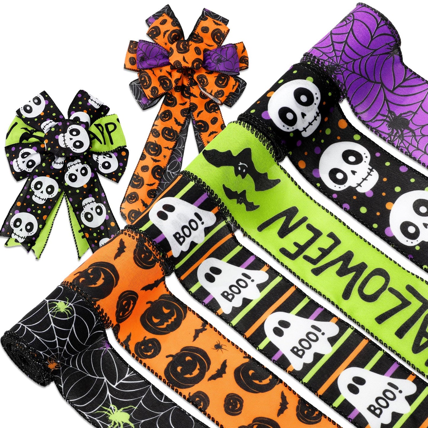 Whaline 6 Roll Happy Halloween Wired Edge Ribbon Ghost Boo Pumpkin Skull Spider Ribbon Colored Fabric Ribbons for Wreath Bow Making DIY Crafts Wrapping, 30 Yard